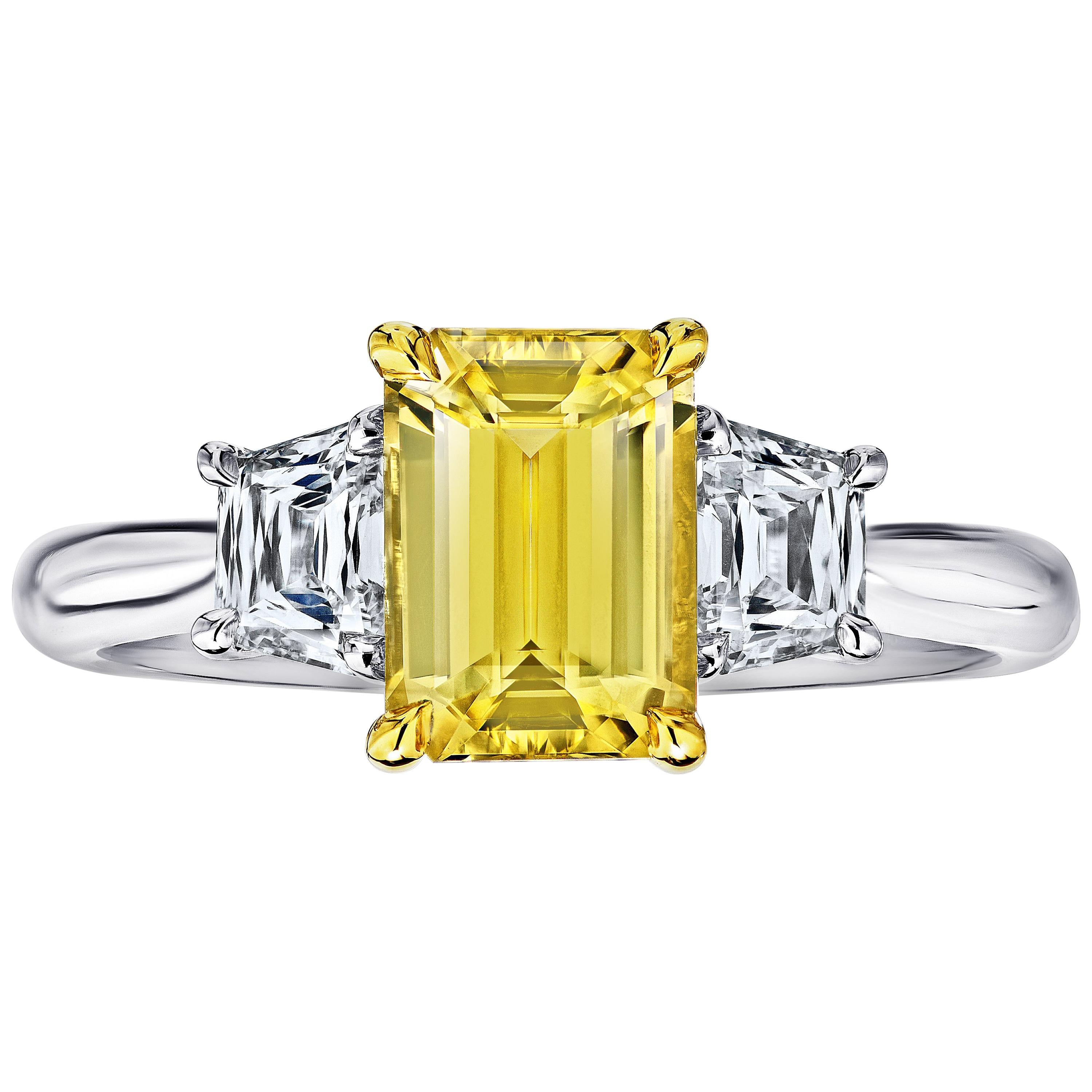 2.05 Carat Emerald Cut Yellow Sapphire and Diamond Ring