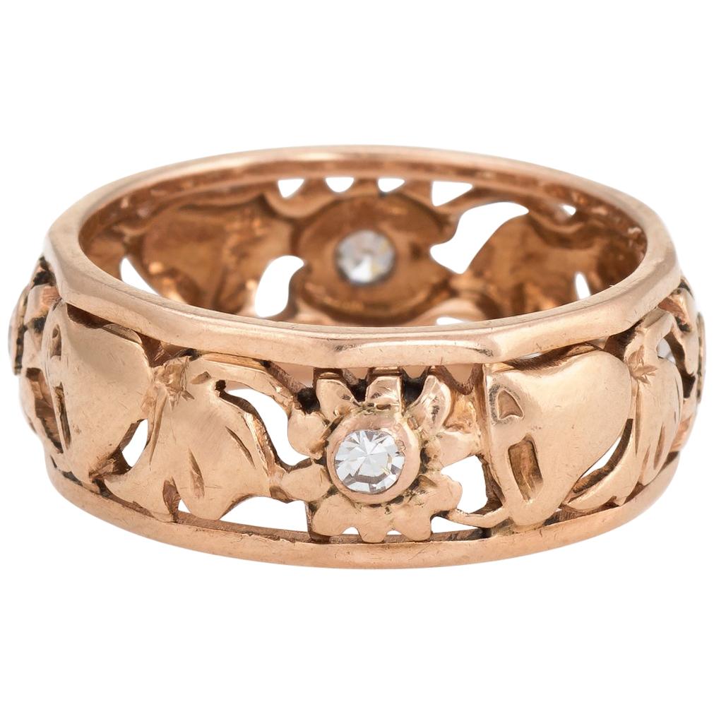 Bell Flower Wedding Eternity Band Ring Vintage 14 Karat Rose Gold Diamond