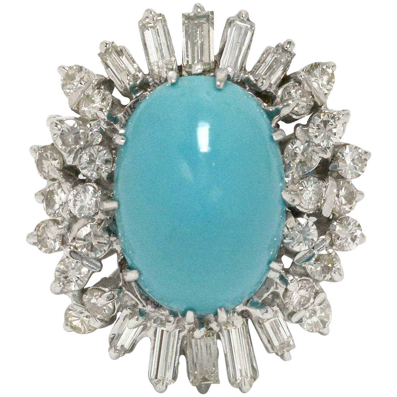 Persian Turquoise Diamond Cocktail Ring 8 Carat Oval Cabochon Dome White Gold 