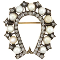 Early Victorian 2.00 Total Carat Diamond and Natural Pearl Horseshoe Pin