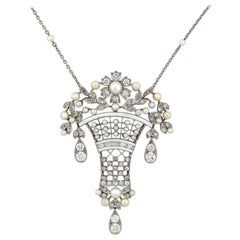 Early Retro 1.25 Total Carat Diamond and Pearl Enameled Flower Basket Necklace