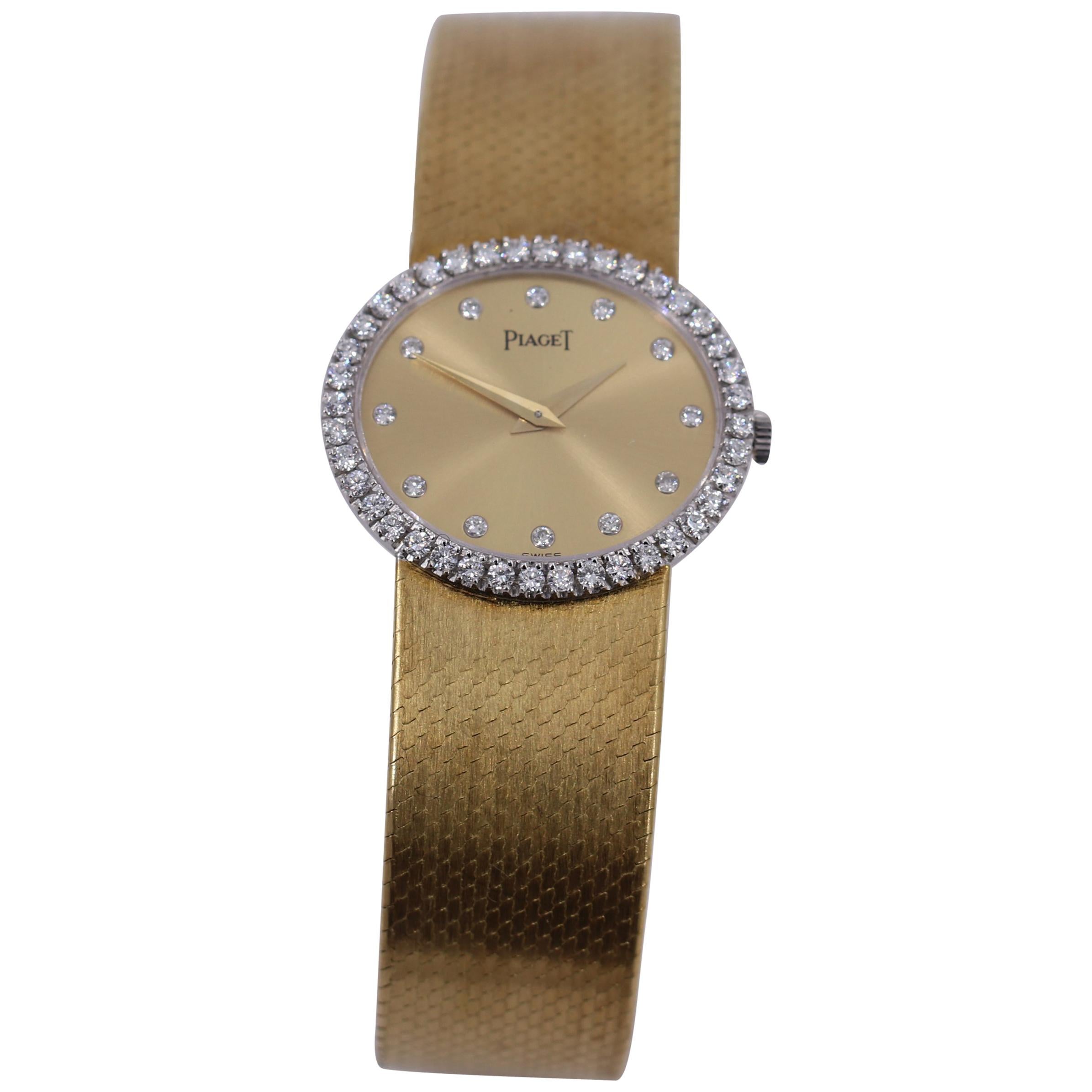 Yellow Gold Piaget Watch with Diamond Bezel and Diamond Markers