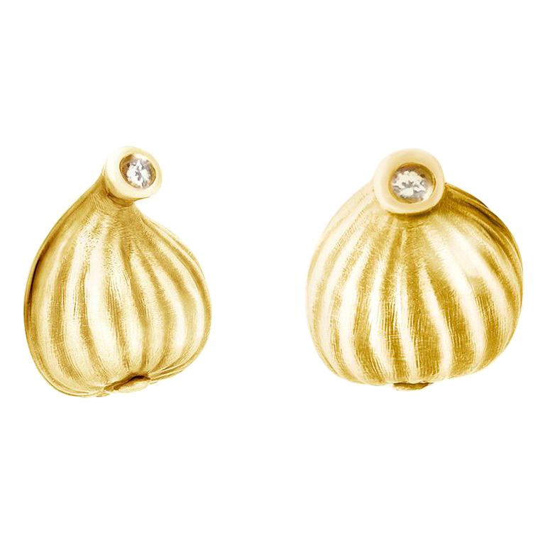 18 Karat Yellow Gold Contemporary Stud Earrings with Diamonds Featured in Vogue