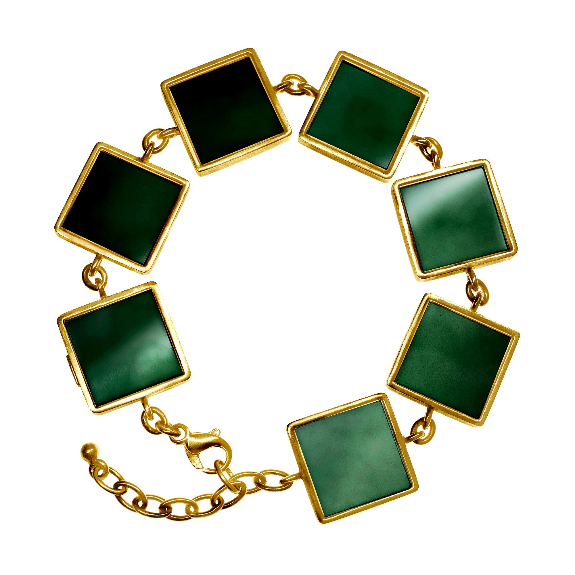 Bracelet de style Art déco en or 14 carats avec quartz vert foncé présenté dans Vogue 