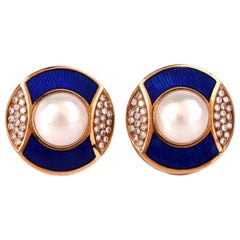 De Vroomen Vintage Pearl Diamond Enamel 18 Karat Gold Clip on Earrings