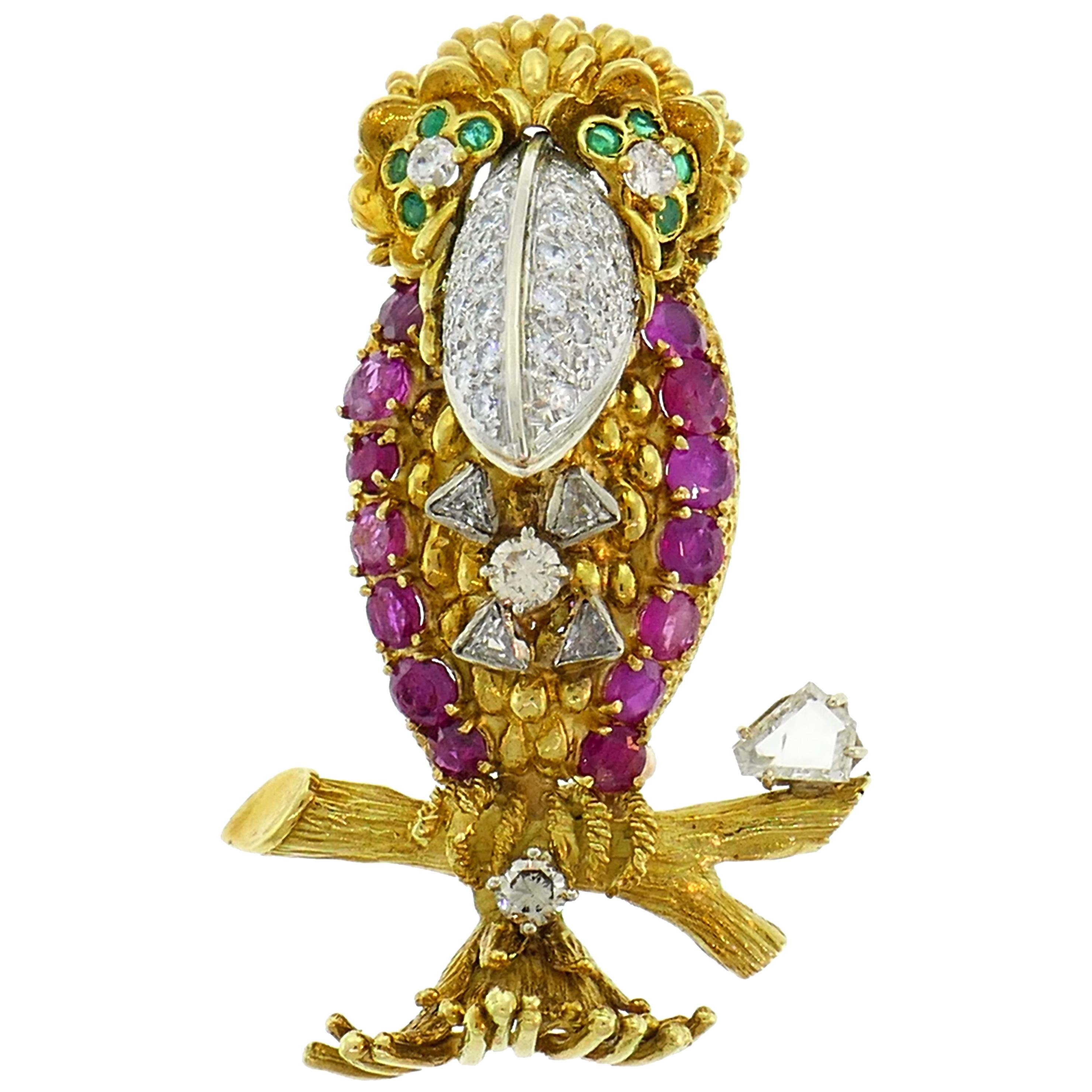 Gold Parrot Bird Brooch Pin Clip with Diamond Ruby Emerald