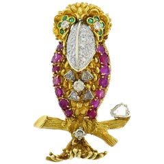Gold Parrot Bird Brooch Pin Clip with Diamond Ruby Emerald