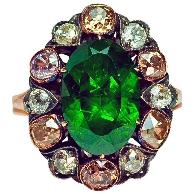 Antique Russian 5 Carat Demantoid Fancy Colored Diamond  Ring
