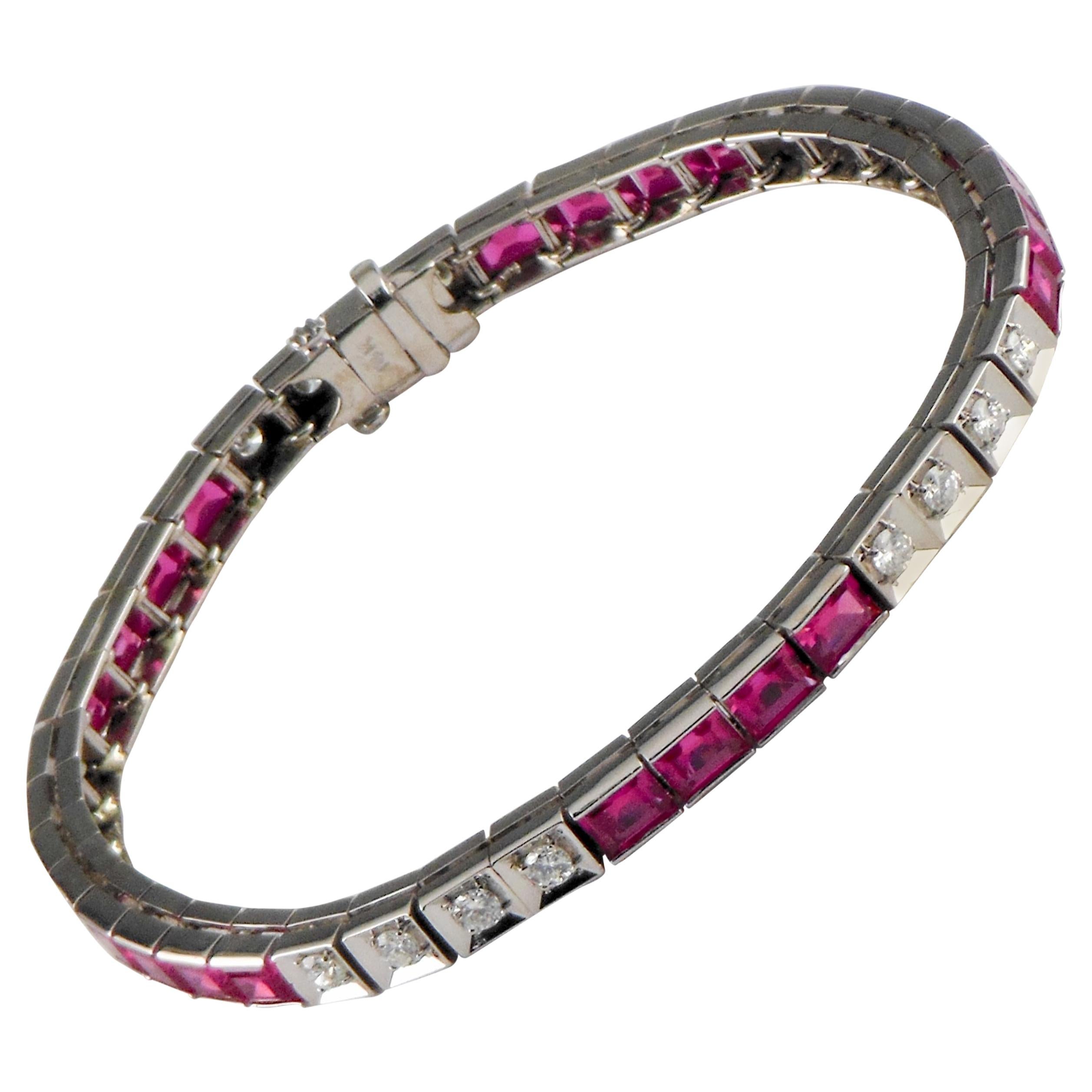 White Gold 11.00 Carat Lab Ruby and Diamond Tennis Bangle Bracelet For Sale