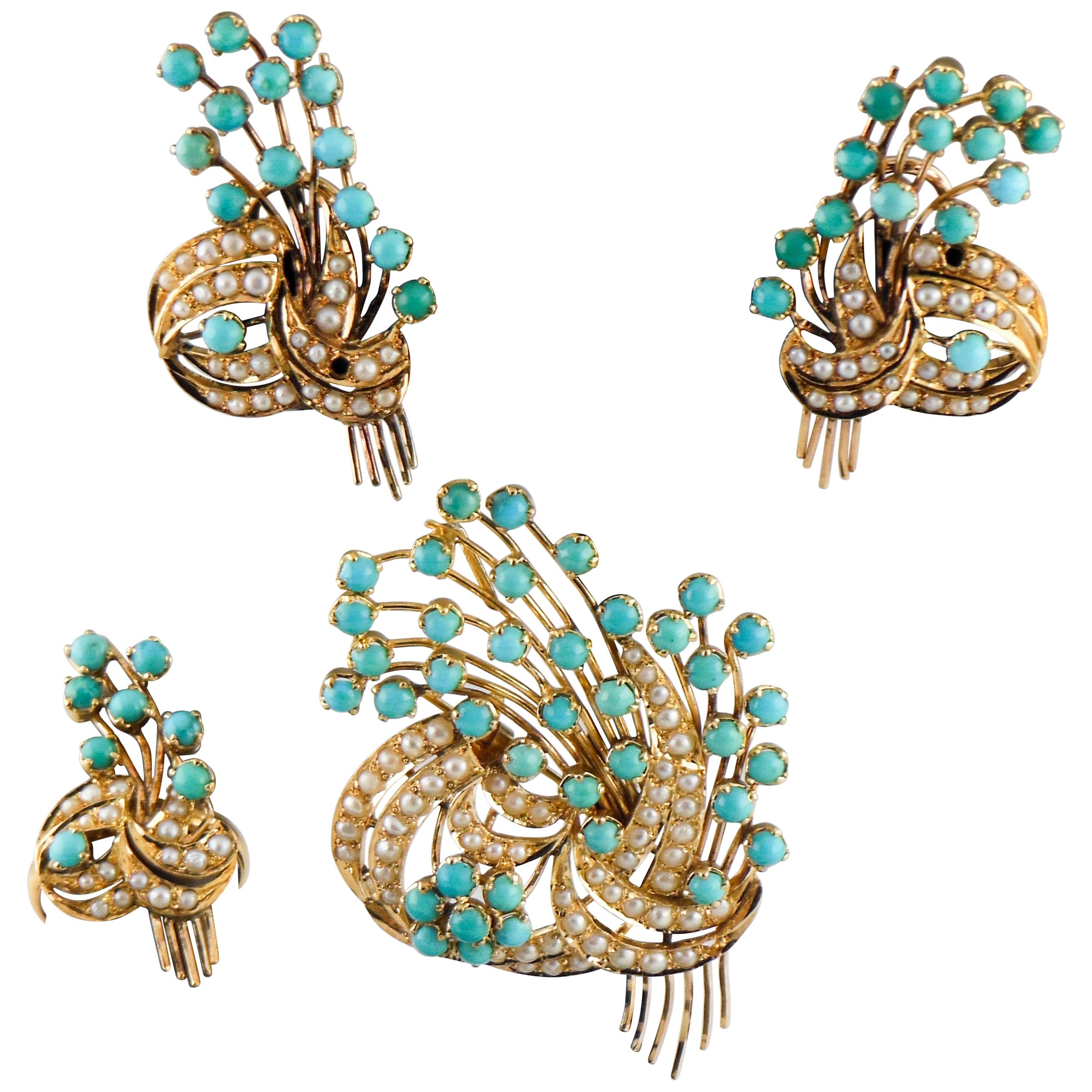Set aus Ohrringen, Brosche, Ring aus 18 Karat Gold mit Perlen und Türkis-Cabochons
