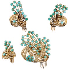 Set of 18k Gold Earrings, Brooch, Ring Set with Pearl and Turquiose Cabochons