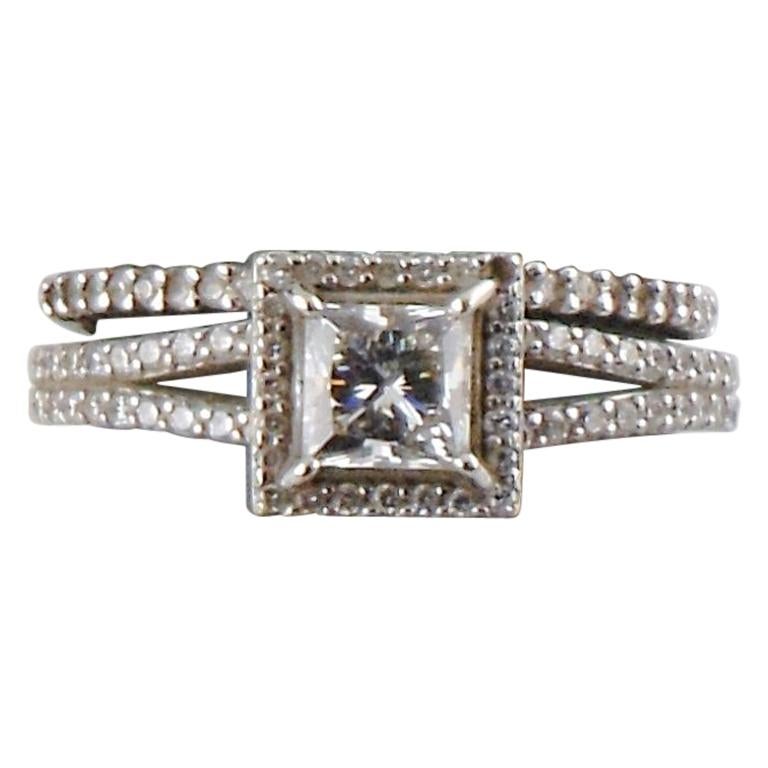 0.72 Carat White Gold Halo Princess Diamond Engagement Ring Set For Sale