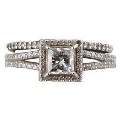 Retro 0.72 Carat White Gold Halo Princess Diamond Engagement Ring Set