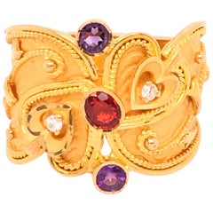 Garnet Amethyst Diamond Yellow Gold Heart Ring