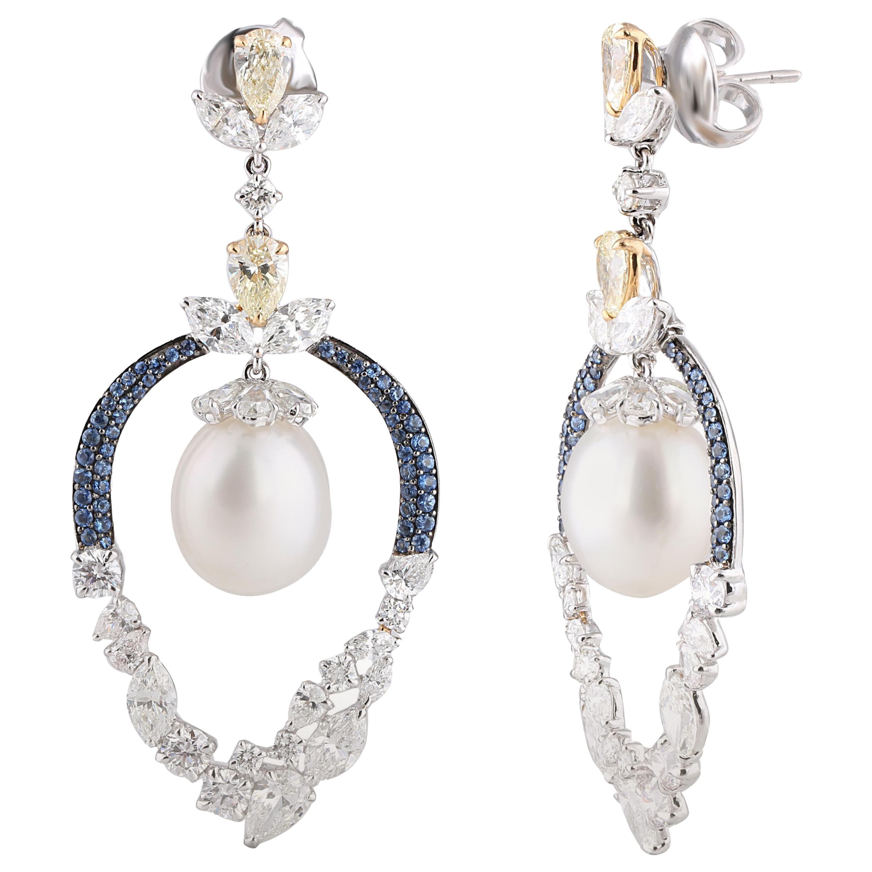 Studio Rêves Diamonds Pearls and Blue Sapphire Dangling Earrings in 18K Gold For Sale