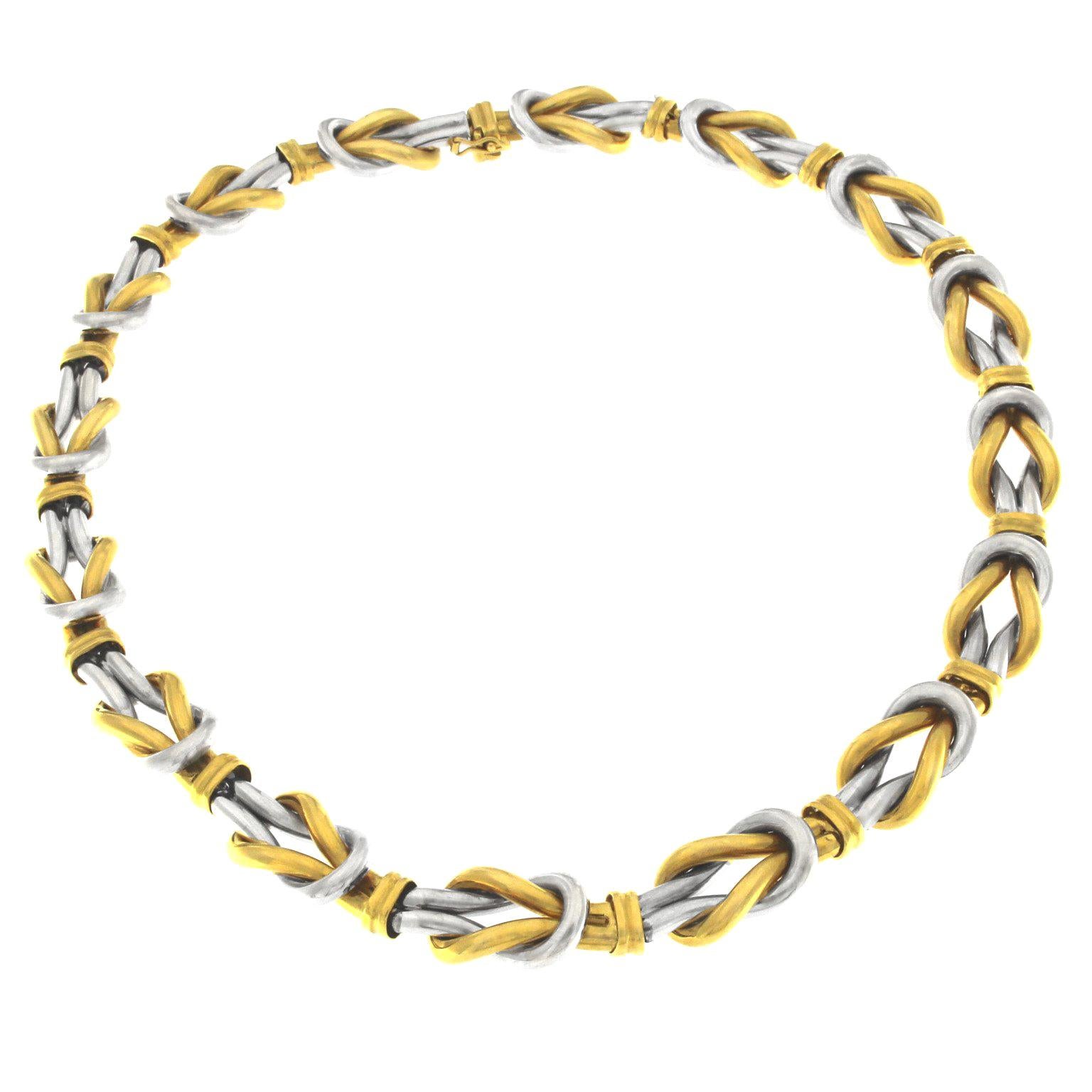Yellow/White Gold Double Knot Necklace 18 Karat For Sale