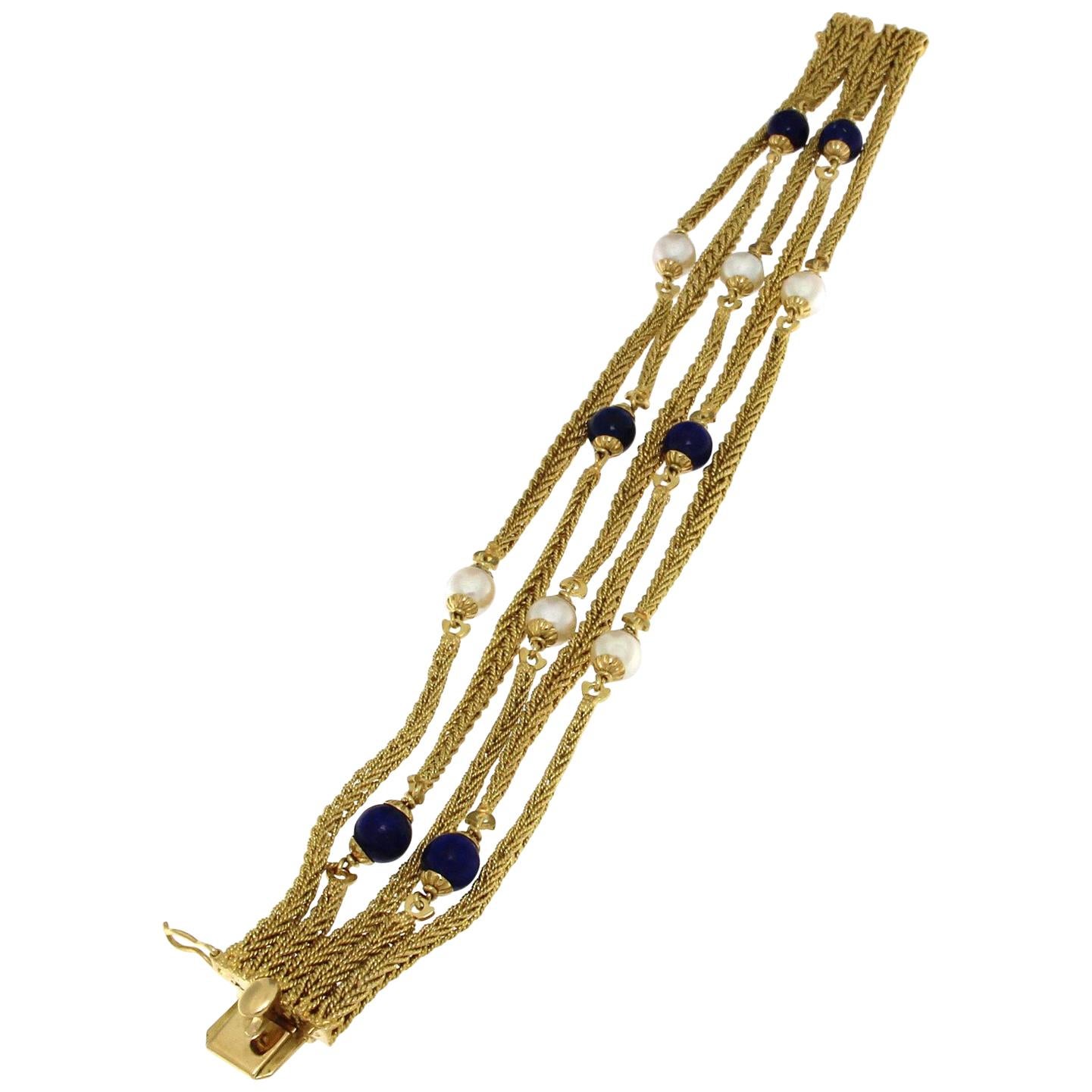 18 Karat Yellow Multichain Bracelet with Pearls and Lapis For Sale