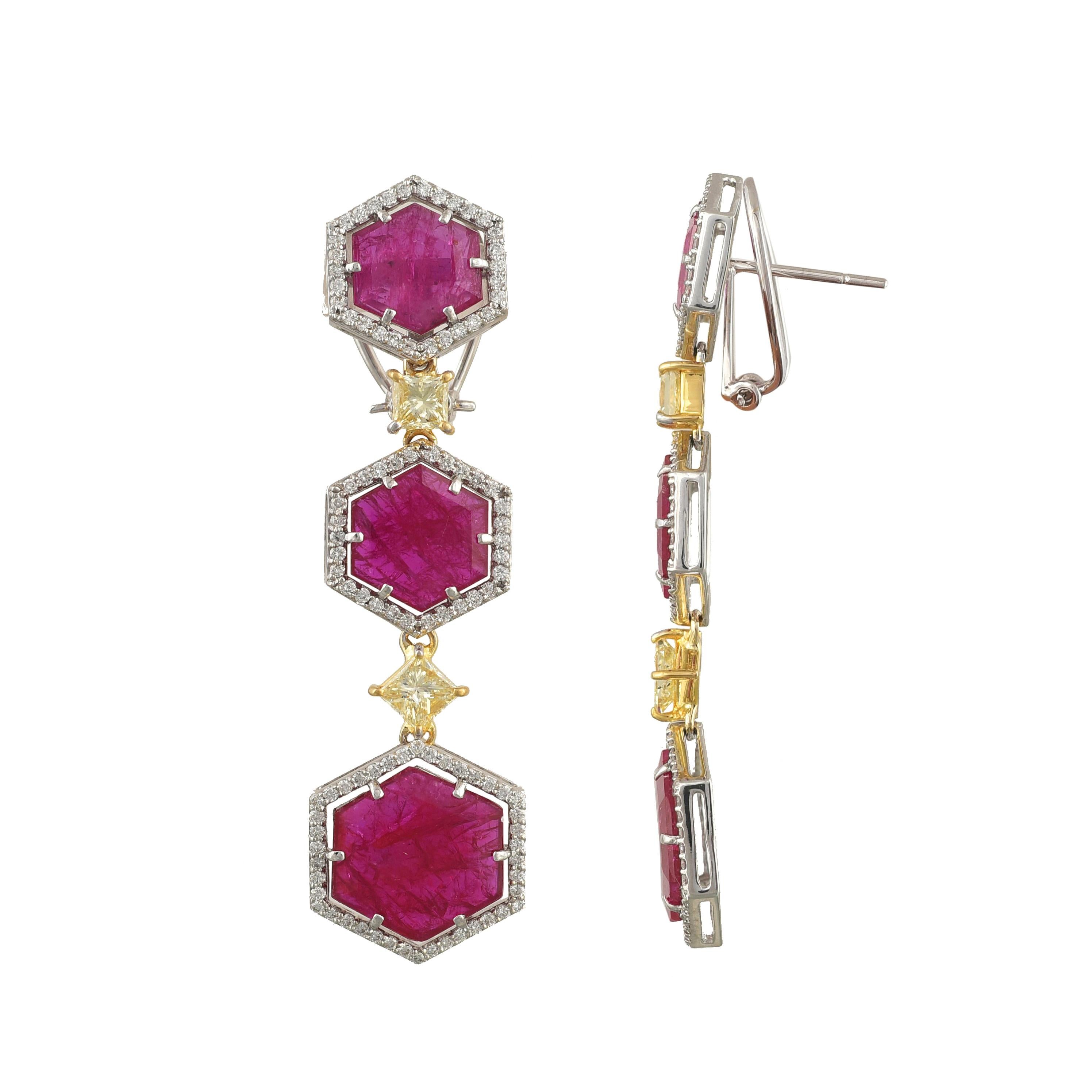 Set in 18K gold, natural Mozambique Ruby and Princess Yellow Diamond Earrings
