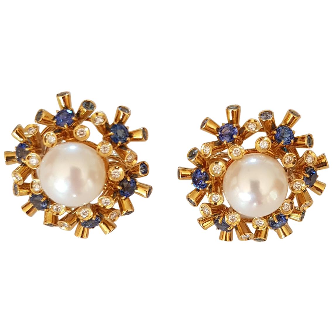 Pearl, Diamonds and Sapphire Clip and Pierced Earrings For Sale