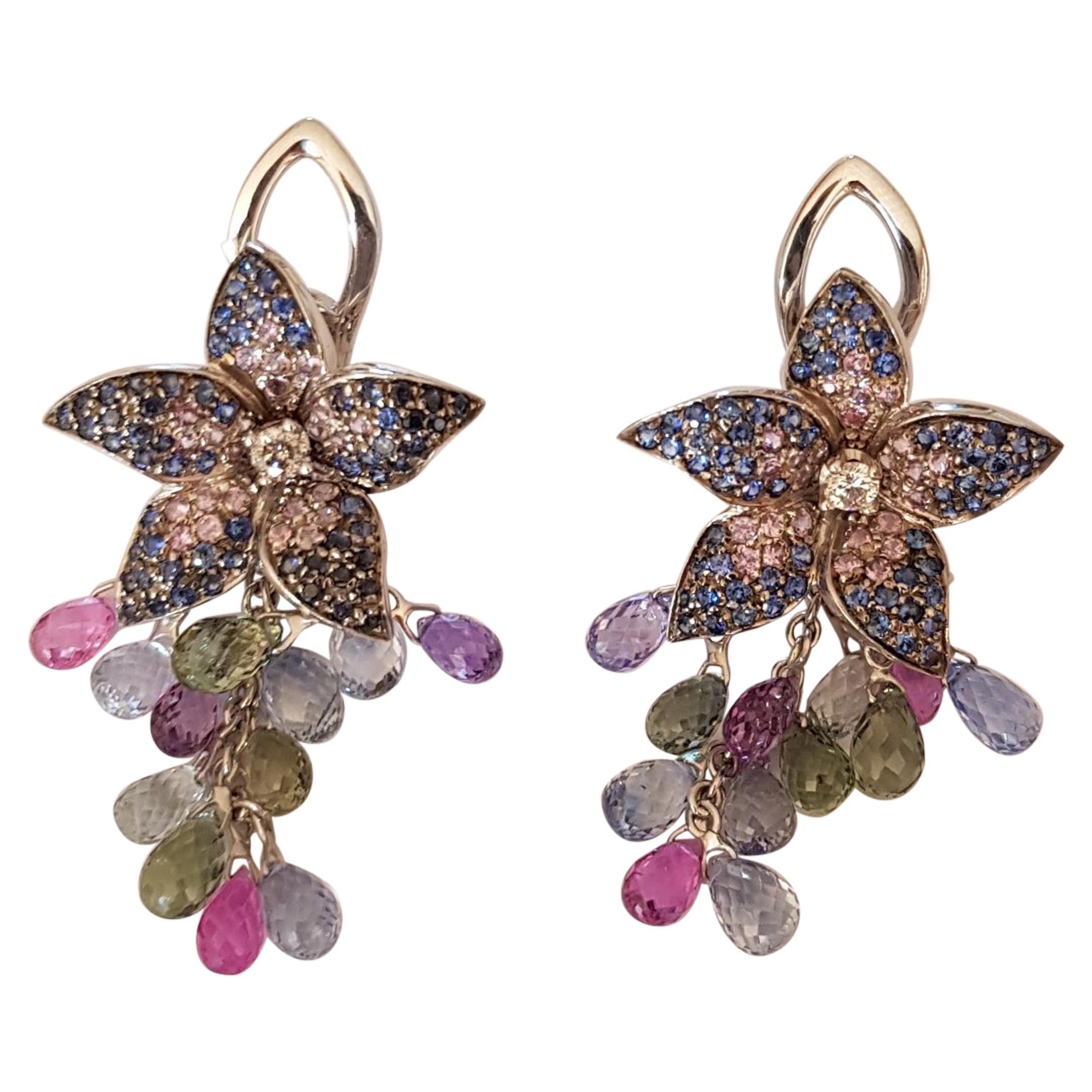 Colored Sapphires Pierced and Clip Flower Earrings with Briolette Drops For Sale