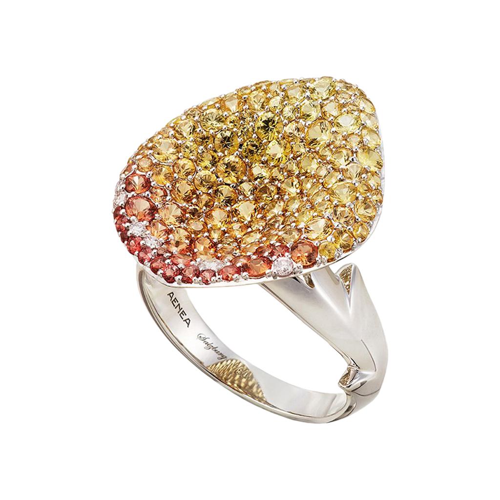 Ring aus 18 Karat Weißgold mit weißen, weißen und rosa Diamanten, orange-gelben Saphiren Aenea-Schmuck