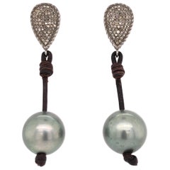 Vincent Peach Demure Grey Pearl Leather and Diamond Drop Earrings