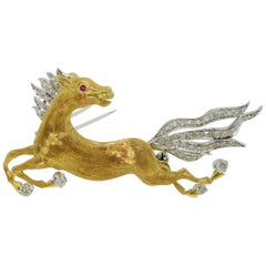 Alfiler de oro con diamantes Caballo al galope Vintage Estate Jewelry