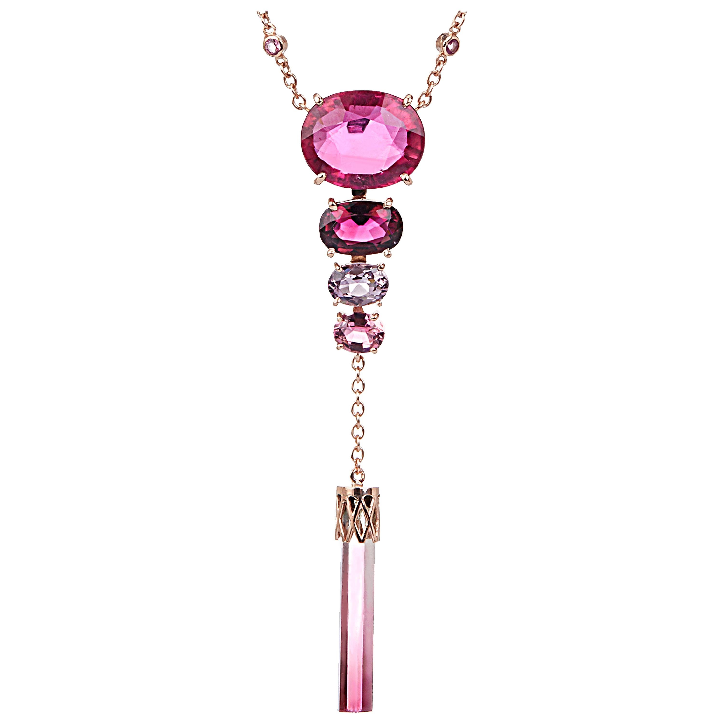Rubelite 7.95 Carat Pink Tourmaline 18 Karat Rose Gold Drop Pendant Necklace For Sale