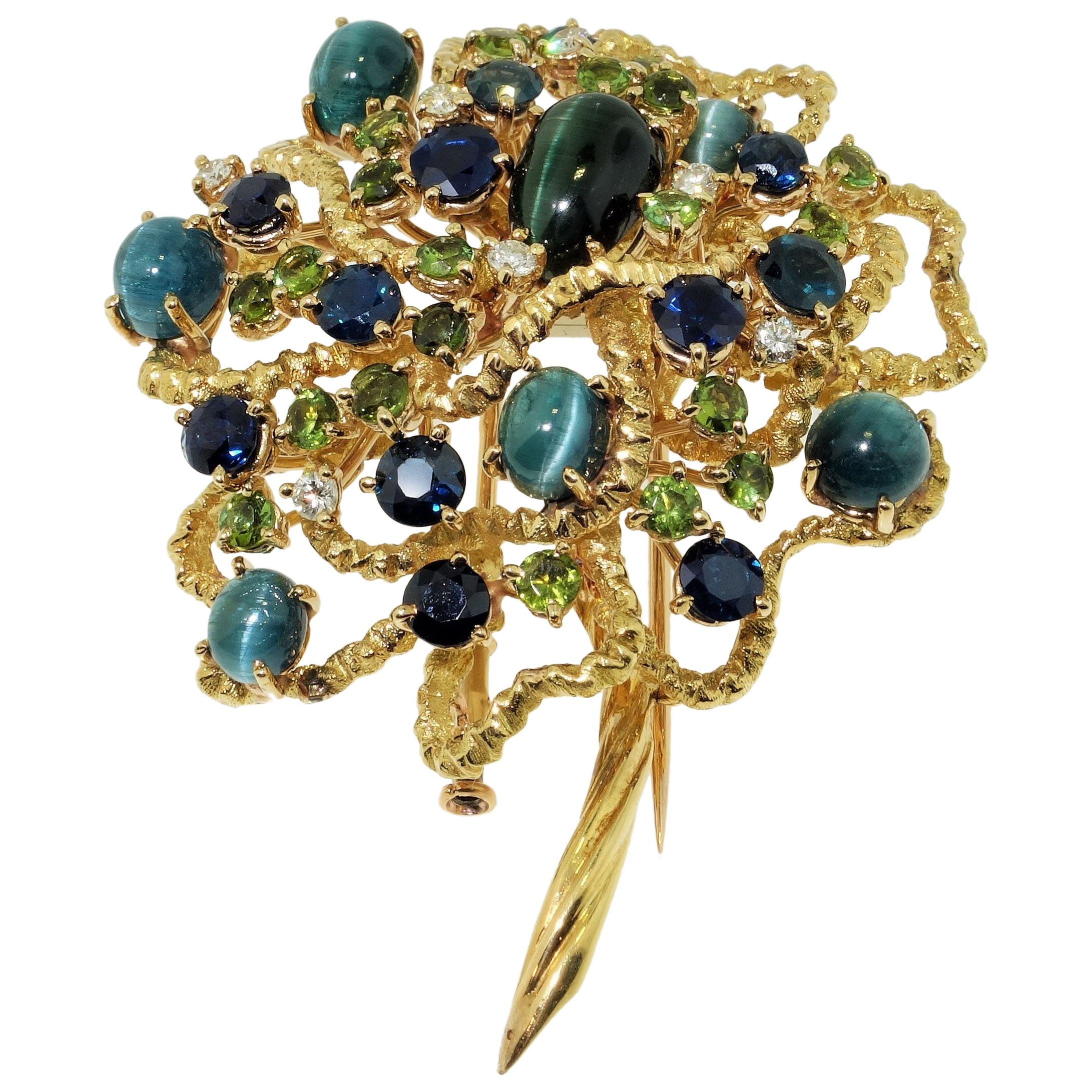 Antique Tourmaline Sapphire Diamond Bouquet Gold Brooch Pin Estate Fine Jewelry For Sale