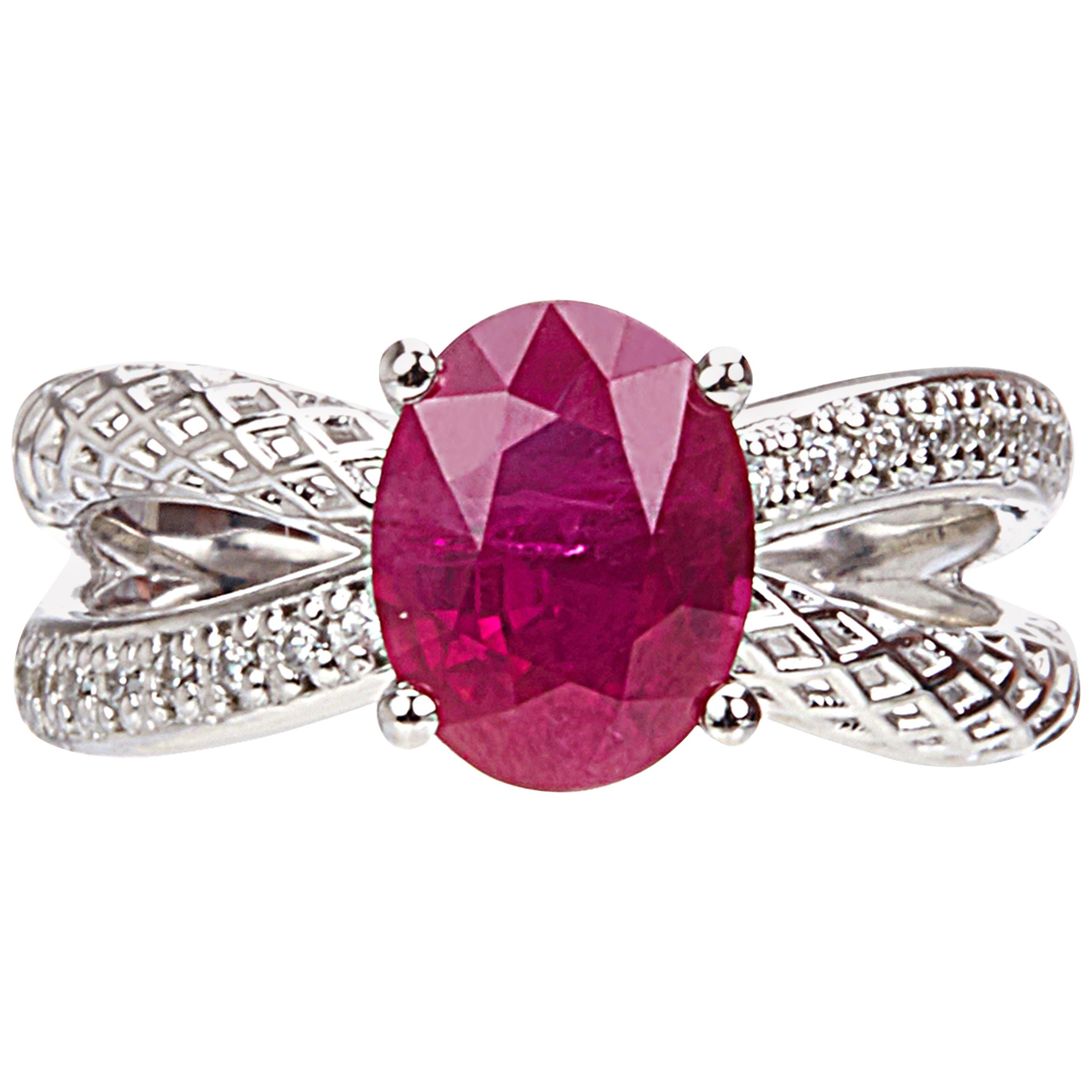 Yemyungji Burma Ruby Oval Cut 2.37ct Diamond 18 Karat White Gold Solitaire Ring For Sale