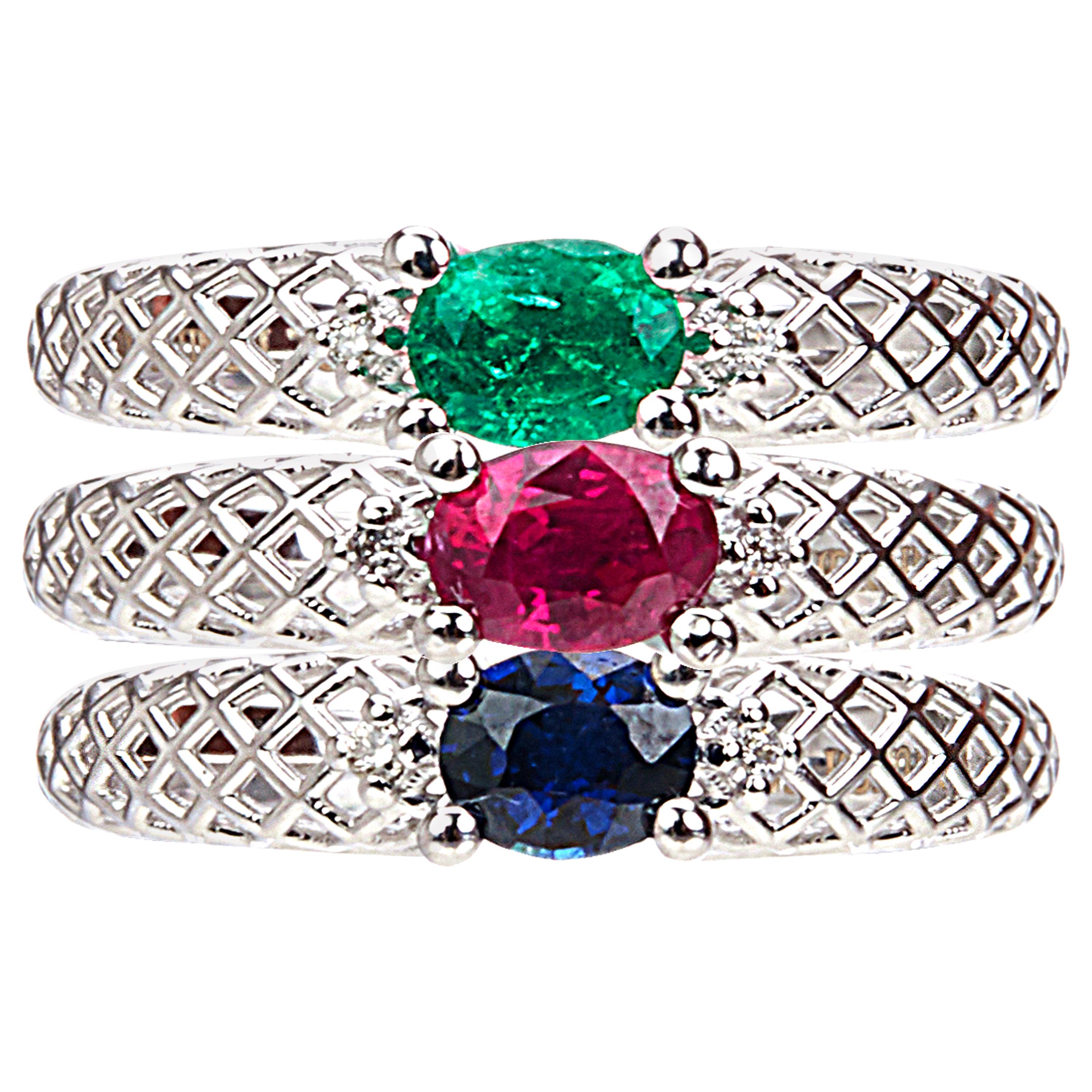 Yemyungji Emerald Ruby Sapphire Oval Cut Solitaire Layering Ring Set For Sale