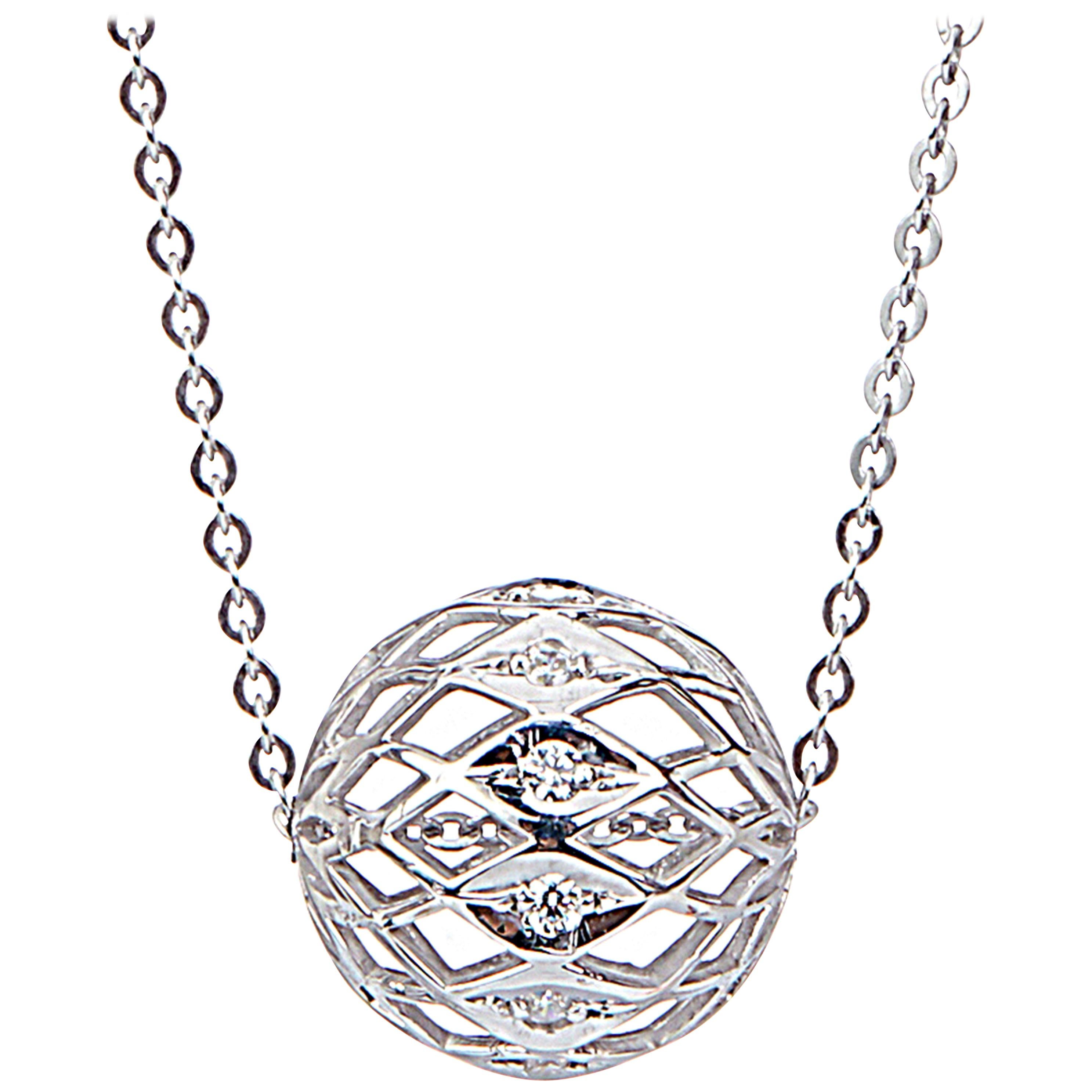 Yemyungji Diamond 18 Karat White Gold Millennium Ball Pendant Chain Necklace For Sale
