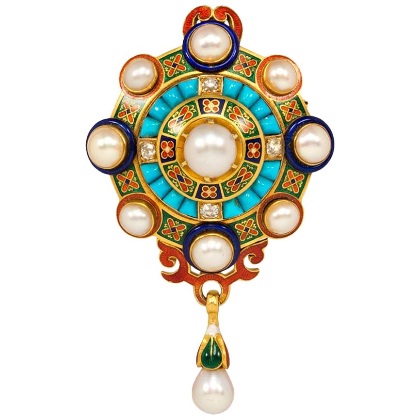 Antique Holbeinesque Gold and Enamel Brooch with Pearls, Turquoise, and Diamonds