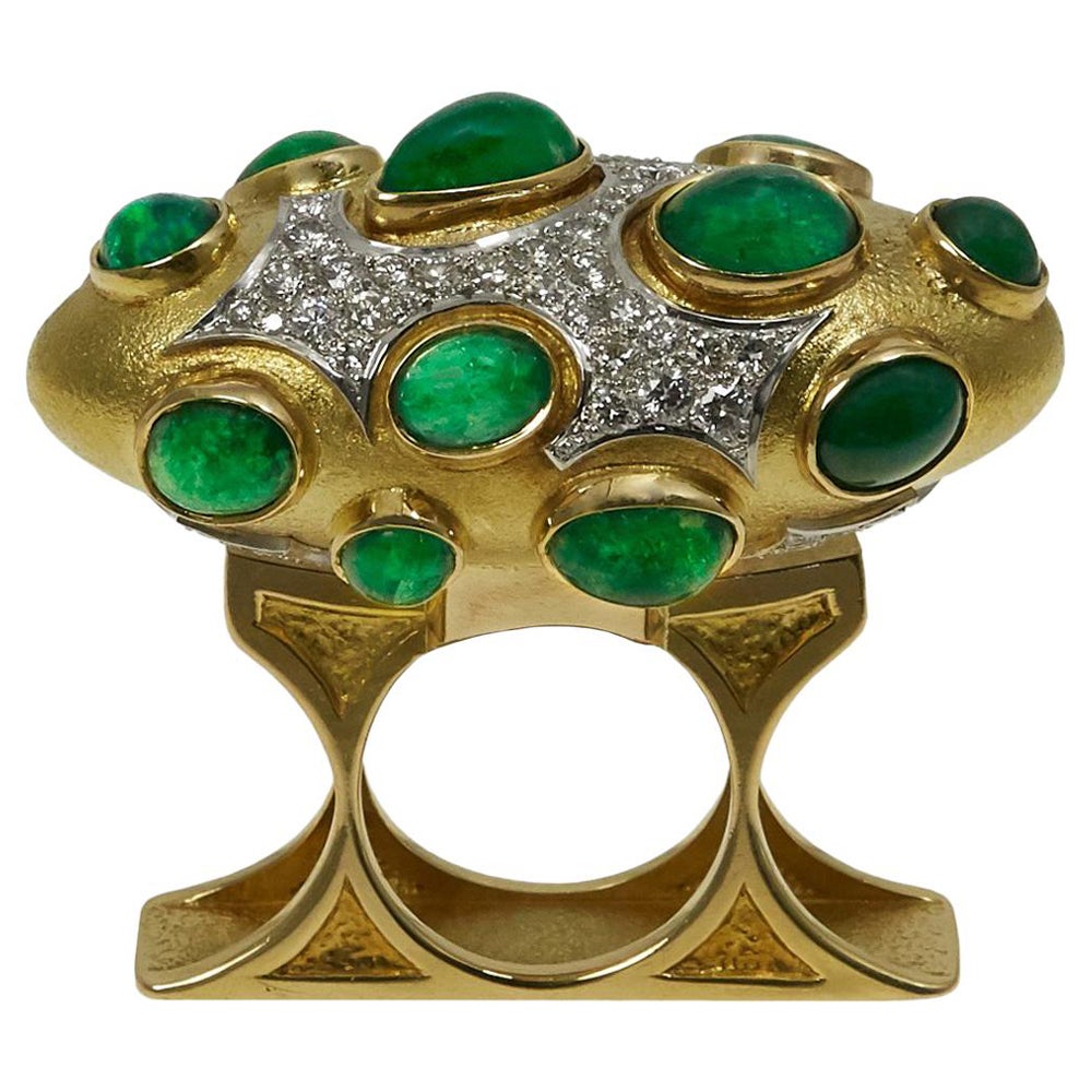 1968 Roger Lucas  Emerald, Diamond, Modernist Gold Cocktail Ring