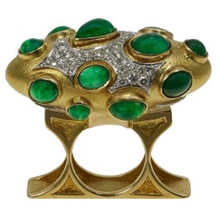 Vintage 1968 Roger Lucas  Emerald, Diamond, Modernist Gold Cocktail Ring