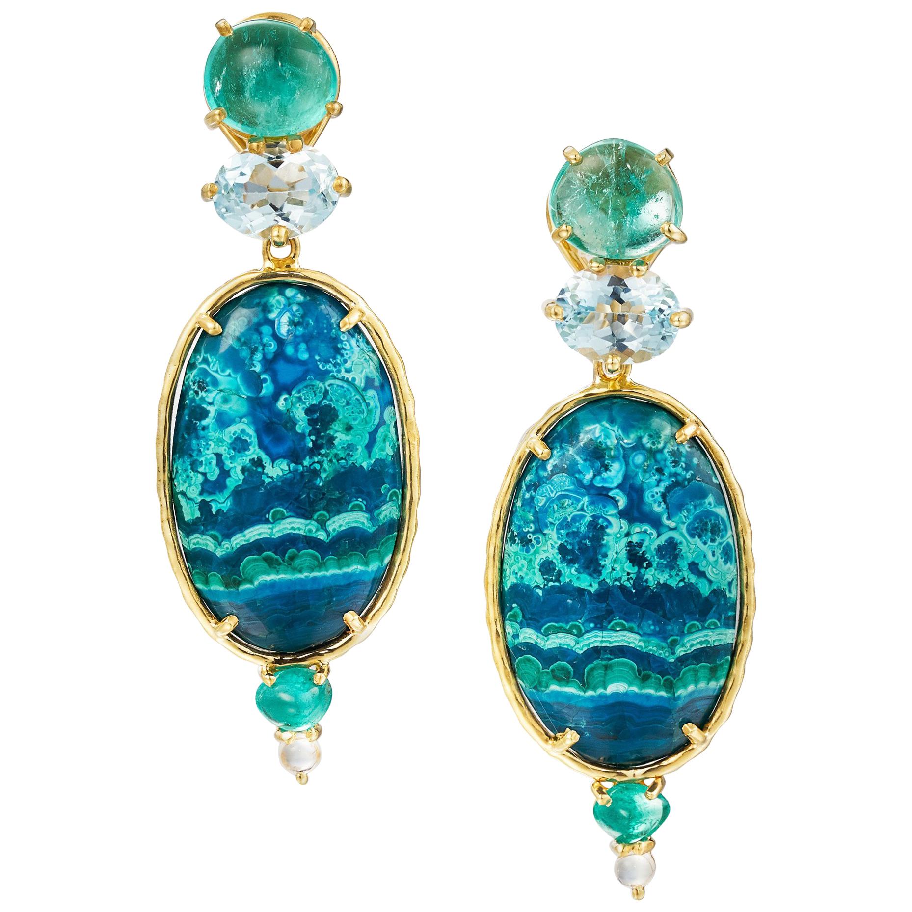 Daria de Koning Emerald, Topaz, Chrysocolla-in-Malachite, and Aquamarine Earring For Sale