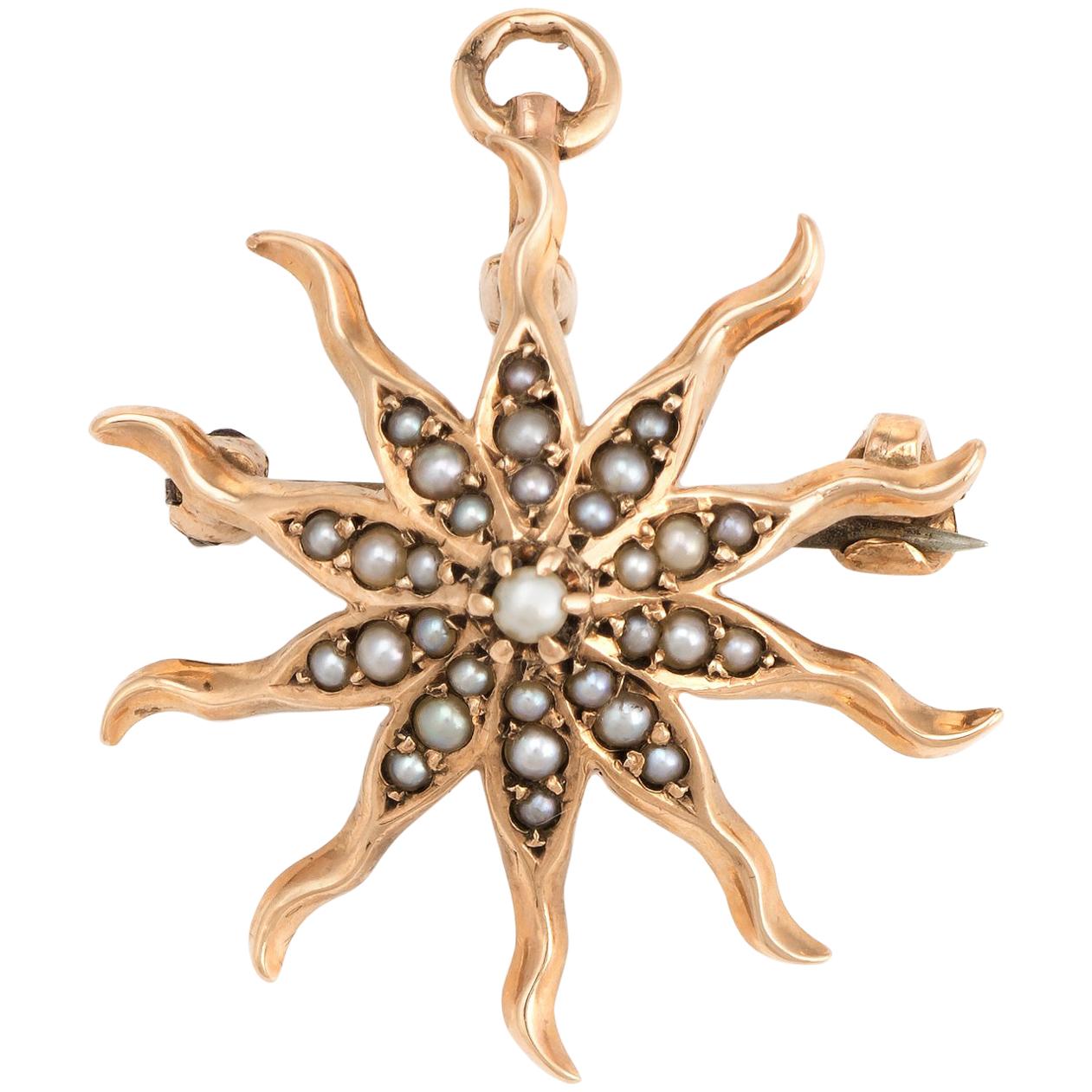 Antique Victorian Starburst Pendant Brooch Vintage 10k Gold Pearl Celestial Sun