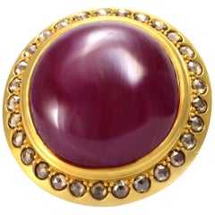 100% Auth Mouawad 22K Yellow Gold Genuine Cabochon Ruby & Natural Diamond Ring