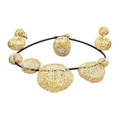 Orlandini 18 Karat Yellow Gold Mesh Diamond Necklace, Earrings and Ring Set