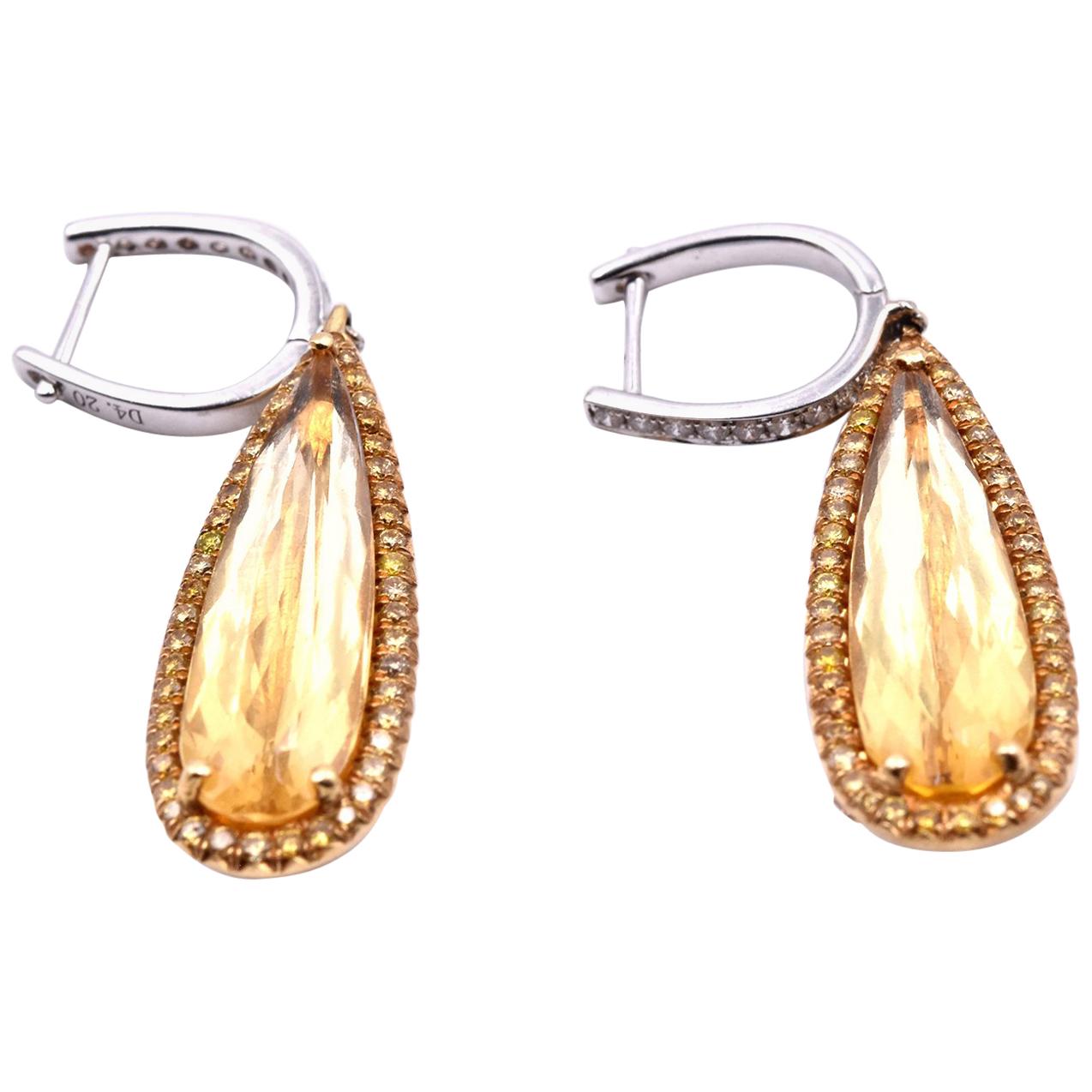18 Karat Yellow and White Gold Diamond and Citrine Drop Earrings
