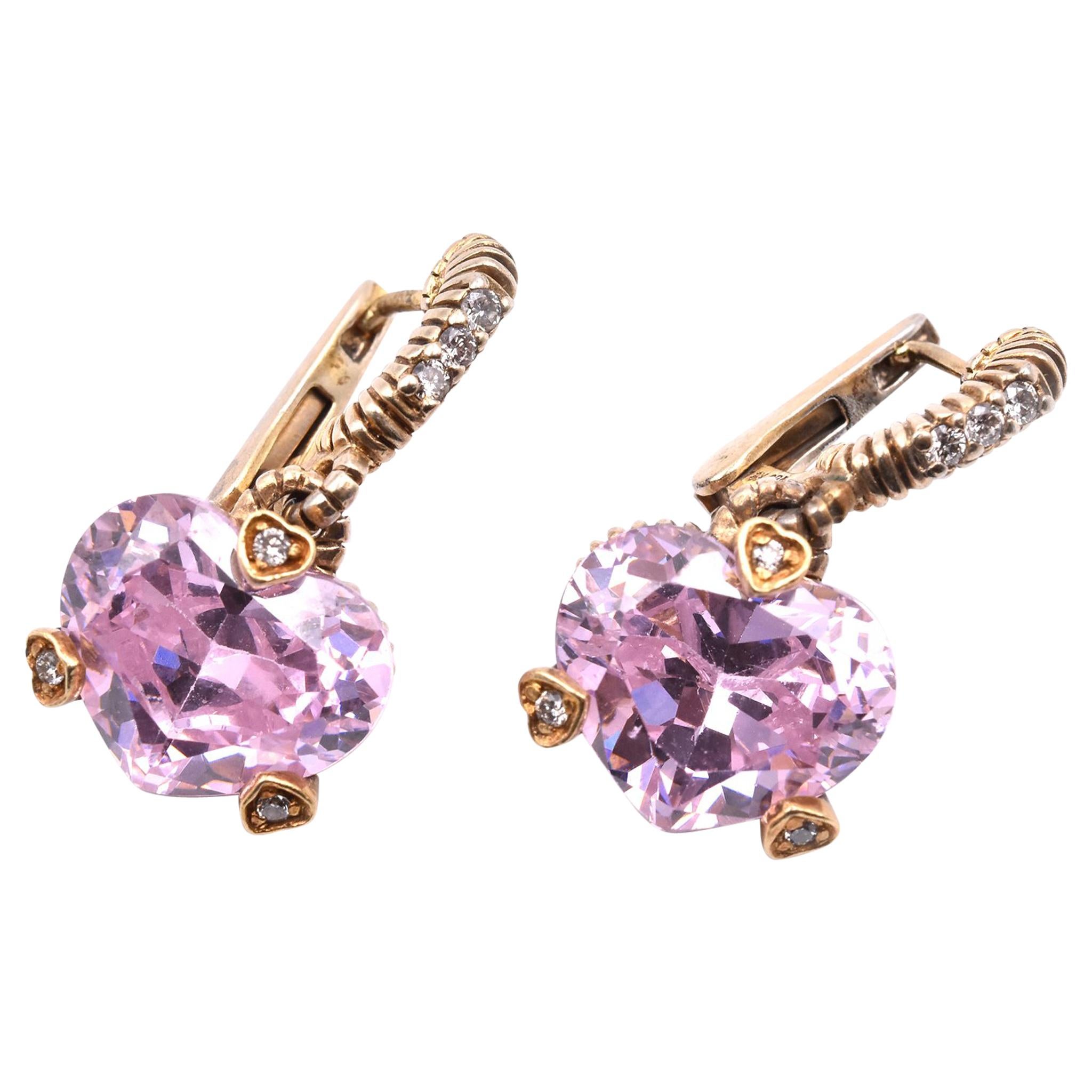 Judith Ripka 18k Yellow and White Gold Pink Quartz and Diamond Heart Drop Earrin