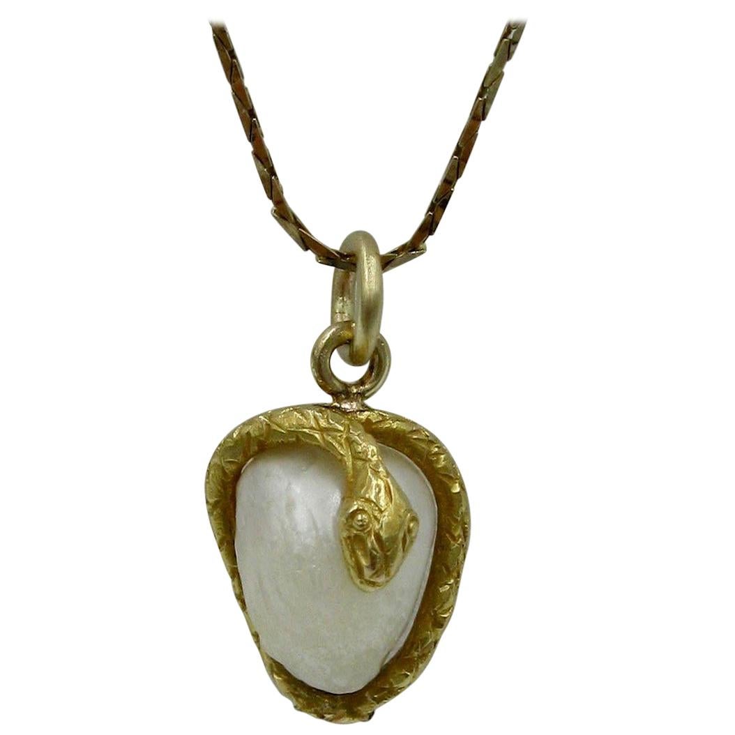 Snake Pendant Baroque Pearl Egg Antique Victorian 14 Karat Gold
