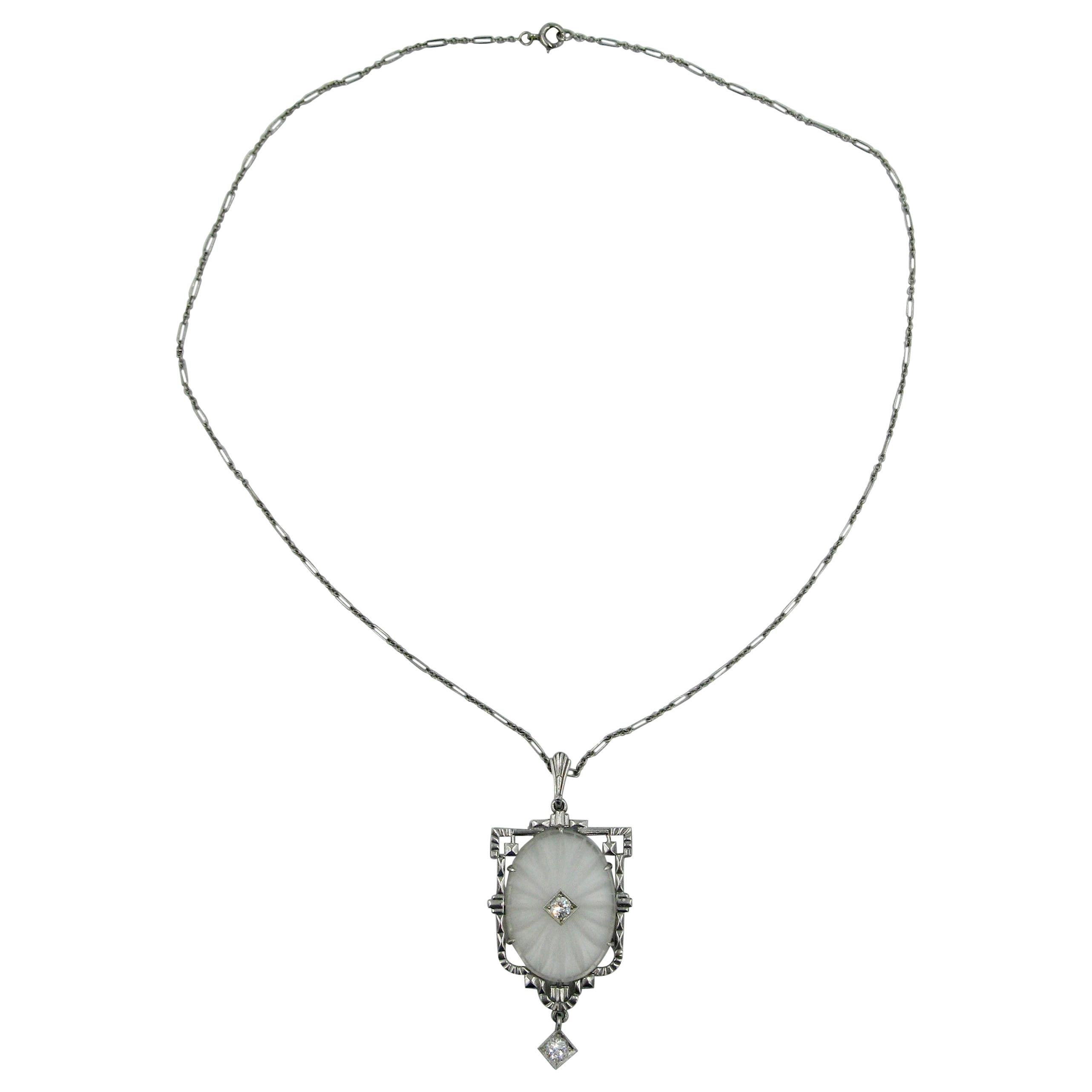 Collier pendentif Art déco en or blanc 14 carats avec cristal et diamants taille vieille Europe