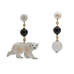 18 Carat Gold, Onyx, Mother of pearl, Brass, Porcelain and Diamond Bear Earrings