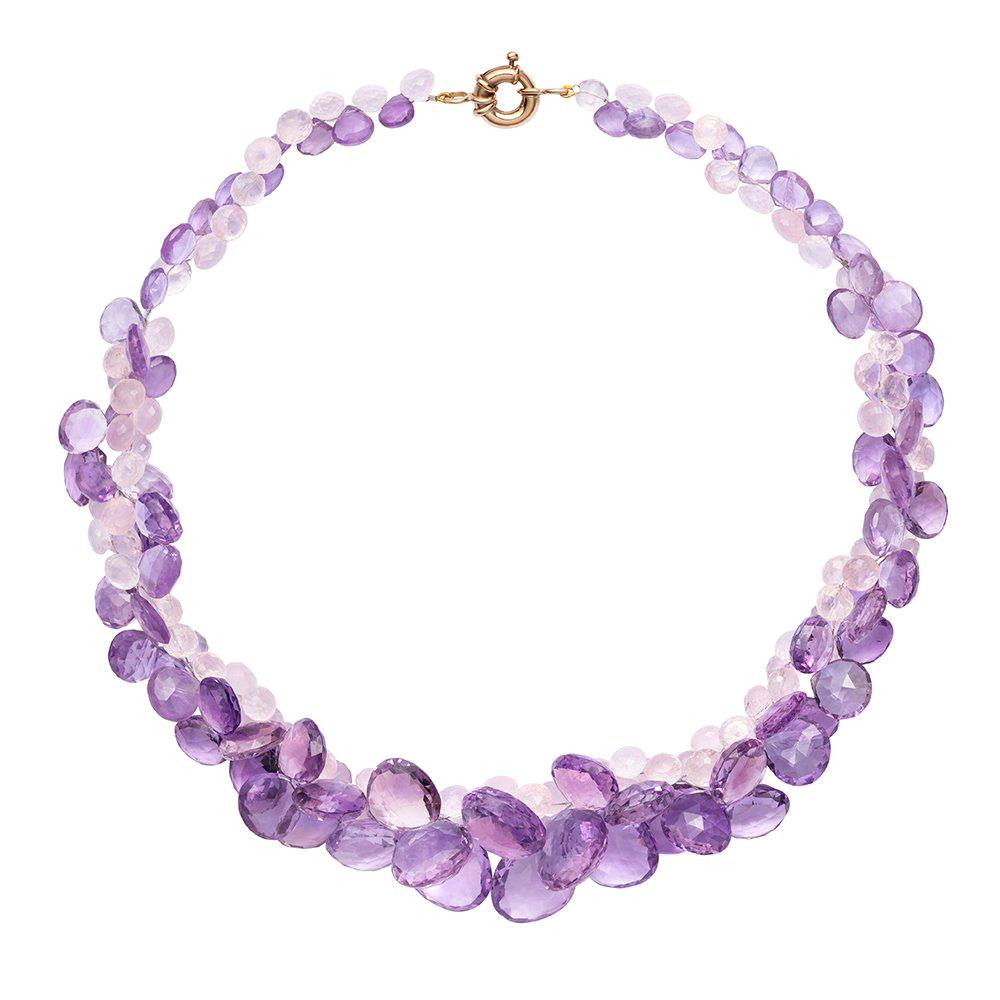 9 Carat Yellow Gold, Amethyst and Rose Quartz 'Cassis' Necklace For Sale