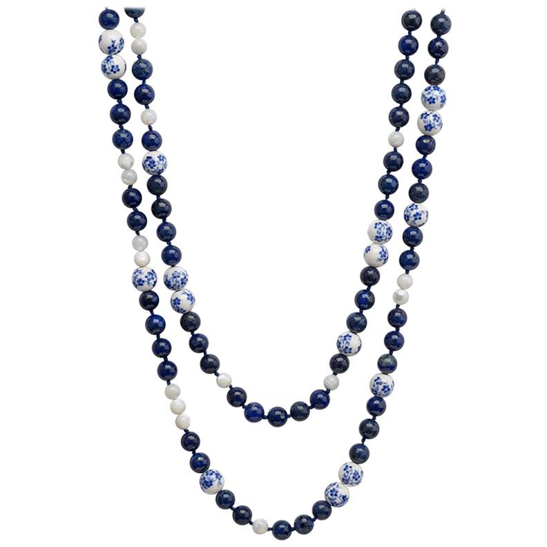 Sterling Silver, Lapis Lazuli, Mother of Pearl and Porcelain Bead Necklace For Sale