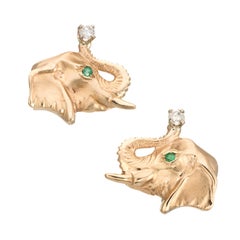 Vintage Elephant Earrings Diamond Emerald 14 Karat Gold Estate Animal Jewelry