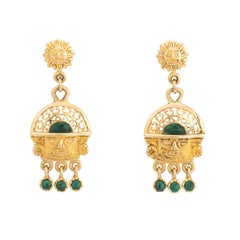 Vintage Aztec Earrings 18k Yellow Gold Green Stone Drops Estate Fine Jewelry