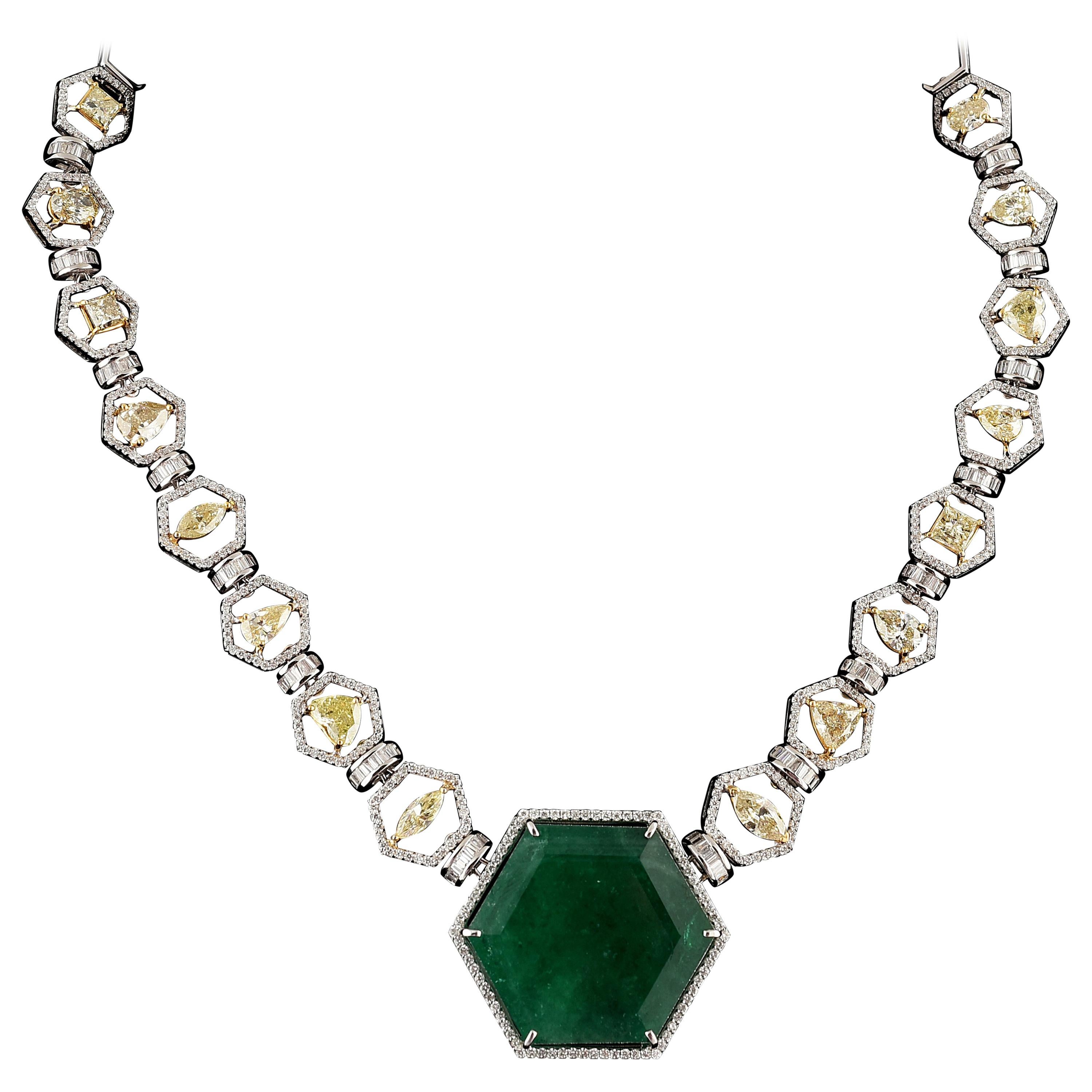 Set in 18 Karat Gold, 70.04 Carat, Natural Zambian Emerald and Diamond Necklace