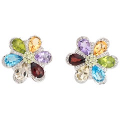 Estate Rainbow Gemstone Diamond Earrings Flower 14 Karat Gold Jewelry Large